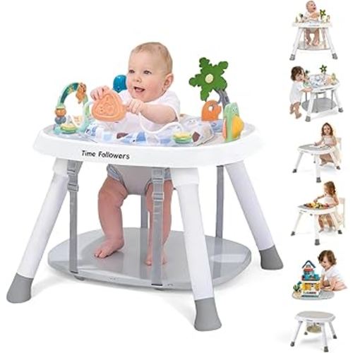Time Followers® 6-in-1 Baby Activity Center | 4 Stage Montessori-Inspired Design | Grow Stationary Standing Toddler Table | Jumpers & Bouncers | Must Have for Boy & Girl 6, 12, 24+ Month Old (White)