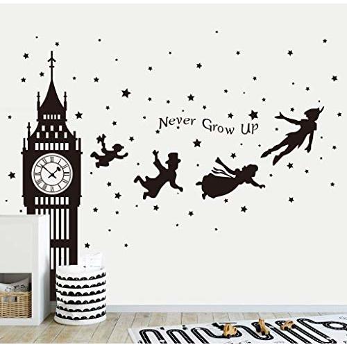 Runtoo Peter Pan Wall Decals Peel and Stick for Nursery London Silhouette Quotes Wall Art Stickers Baby Kids Room Daycare Playroom Decor, Black