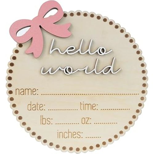 Hello World Wooden Birth Announcement Sign, 6.2 inch Round Nursery Photo Prop, Baby Name Weight Length Date Time Plaque (BB63)