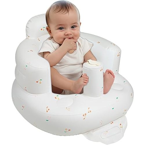 Inflatable Baby Seat for Babies 3 Months & Up, Baby Floor Seats for Sitting Up, Baby Seats for Infants, Blow Up Baby Chair with Built in Air Pump - Cherries