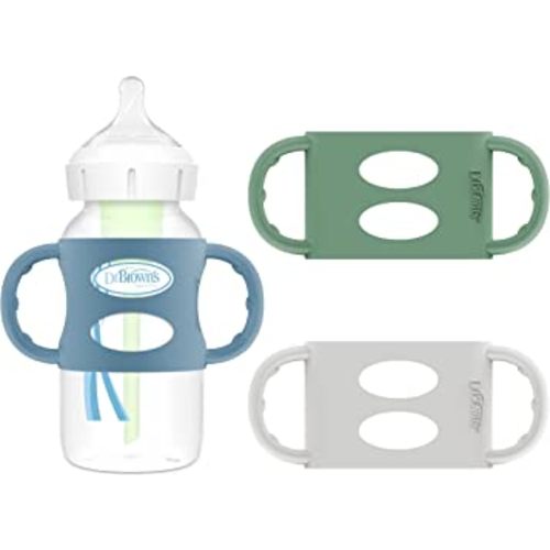 Dr. Brown's Milestones 100% Silicone Baby Bottle Handles, Wide-Neck, Removable Easy-Grip Transitional Sippy Cup Handles, Light Blue, Green, Gray, 4m+, 3 Pack