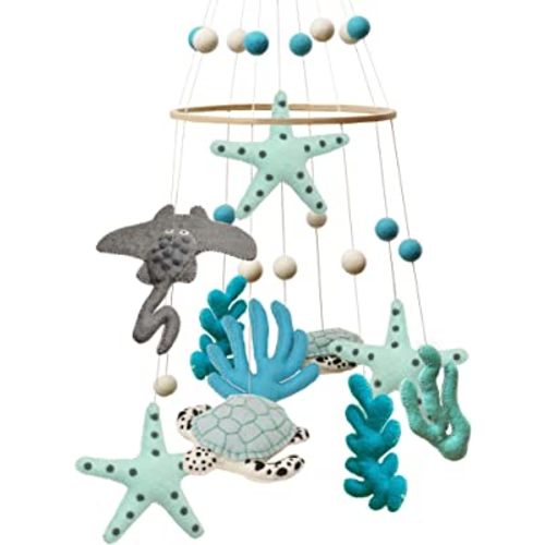 Glaciart One Ocean Nursery Mobile - Colorful Decor for Crib, Baby Rooms - Handmade, Child-Safe Wood, Felt Wool & Cotton - Ocean Themed Decoration for Girls & Boys - 10x30Inch, 60Inch Hanging String
