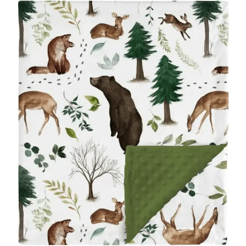 HawSkgFub Woodland Animal Minky Baby Blanket with Dotted Backing Boy Girl Gift, Green Forest Bear Fox Deer Double Layer Nursery Bed Blankets, Soft Plush Newborn Infant Toddler Kid Crib Bedding 30 x 40