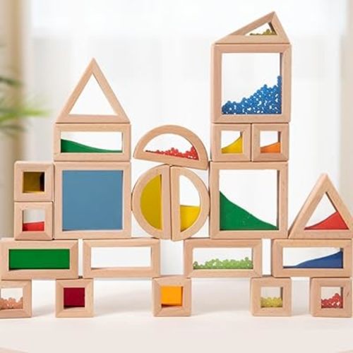 Rainbow Sensory Toys Blocks,15 Large Pcs Wooden Building Blocks for Toddlers Baby Kids,Colorful Geometric Stacking Toys, Preschool Educational Toy Set, Children's Day Gift