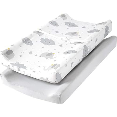 TILLYOU Baby Changing Pad Cover, Changing Table Cover For Girls Boys, Ultra Soft Breathable, 2 Pack Grey Elephant & Cloud