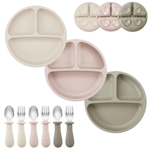 PandaEar 9 PCS Toddler Plates and Utensils Set, 3 Pack Suction Plates for Toddler with 3 Spoons 3 Forks, Silicone Baby Feeding Set, Toddler Dinnerware Eating Essentials