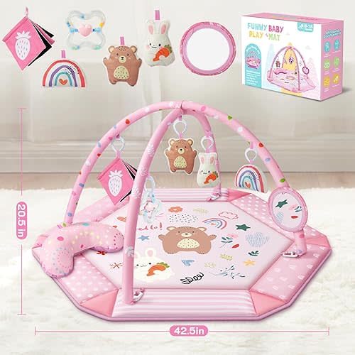 Baby Gym Play Mat, 8-in-1 Tummy Time Mat & Ball Pit with 6 Toys, Washable Baby Activity Mat for Visual, Hearing, Sensory, Motor Development