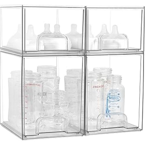 Baby Bottle Organizer, 4 Pack Clear Space-Saving Stackable Drawer with Handle, Baby Bottle Storage Organizer for Countertop and Cabinet