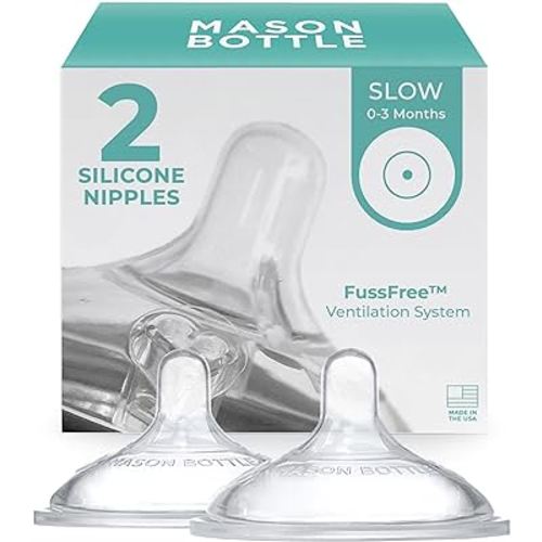 Mason Bottle Nipples (2-Pack) - Silicone Nipples, Fits Any Regular-Mouth Mason Jar - Slow Flow (0-3 Months), Wide Natural-Shaped, BPA-Free, Non-Toxic Baby Bottle Nipples - Made in USA