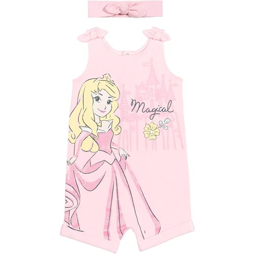 Disney Princess Rapunzel Ariel Belle Jasmine Aurora Baby Girls Snap Romper and Headband Newborn to Toddler