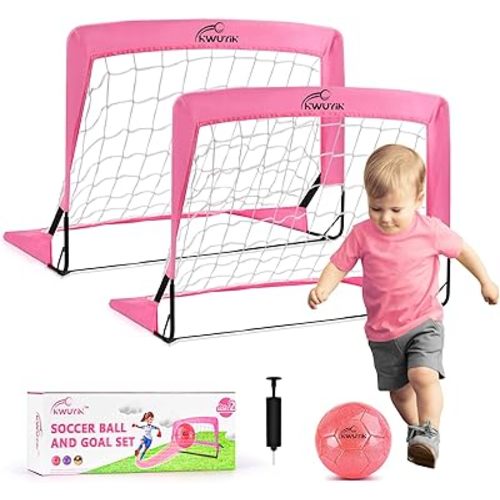 4Pcs Soccer Goals Set 2Pcs Soccer Nets 2x1.5ft 1Pcs Ball 1Pcs Pump Indoor Soccer Nets for Kids with Size 2 Toddler Soccer Ball Foldable Net with Pump Pink Purple for Children Boys Girls