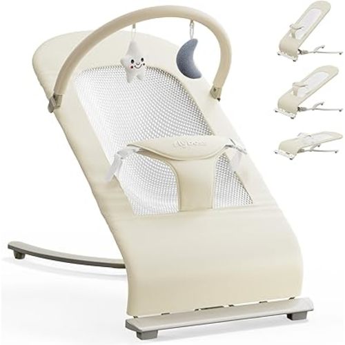 3-in-1 Portable Baby Bouncer & Rocker Chair for Newborn to Toddler - 4 Adjustable Recline Positions, Breathable Cotton Fabric, Natural Vibration, Supports Up to 33 lbs (Oatmeal Khaki)
