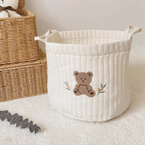 Soft Embroidered Bear Floral Cotton Toy Storage Bag Diaper Caddy