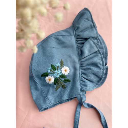 Ruffled Baby Bonnet with Hand Embroidered Flowers, Baby Linen Bonnet, Hand Embroidered Linen Bonnet, Baby Brim Bonnet, Custom Baby Bonnet
