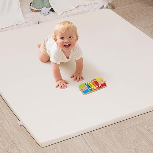 Baby Play Mat 50x50 Inches, 1-Inch Thick Foam Play Mat for Babies & Kids – Extra Soft & Durable Padded Baby Mat for Floor, Non-Slip Crawling Mat for Playpen, Tummy Time, Yoga & Playroom-Light Beige