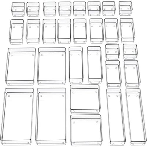 SMARTAKE 30-Piece Drawer Organizer with Non-Slip Silicone Pads, 7-Size Desk Drawer Organizer Trays Storage Tray for Makeup, Jewelries, Utensils in Bedroom Dresser, Office and Kitchen (Clear)
