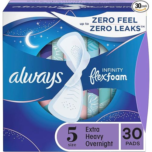 Always Infinity Feminine Pads for Women, Size 5 Extra Heavy Overnight, with Wings, unscented, 30 Count