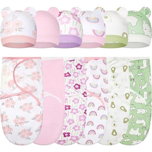 ramede 6 Pack Baby Swaddle Blanket with Hats Sleep Swaddle for 0-3 Months Newborn Sacks Soft Cotton Wearable for Baby Boy Girl Sleeping(Pink and Green, Flower)