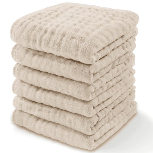 Comfy Cubs Baby Washcloths, Muslin Cotton Baby Towels, Large 10”x10” Wash Cloths (Cream, Pack of 6)