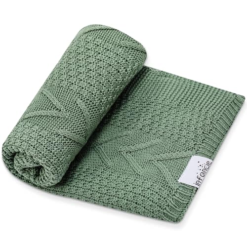 Organic Cotton Baby Blanket - 31.5 x 43.3 Inches, Soft Knitted Crib Blanket for Boys & Girls, Breathable Design (Green)