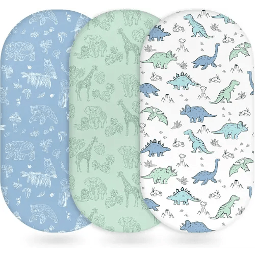 Baby Bassinet Sheets Girl Boy, Fitted Bassinet Sheet Set 3 Pack Bassinet Mattress Sheets Universal Fit for Rectangle, Round, Oval, Hourglass Mattress, Soft Breathable Green & Blue Dinosaur