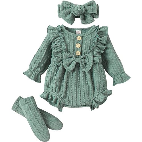Kodaruber Newborn Baby Girl Outfit Clothes Ruffle Long Sleeve Sweater Romper+Headband+Socks Fall Winter Outfits for Girls - 6-9 Months - Green