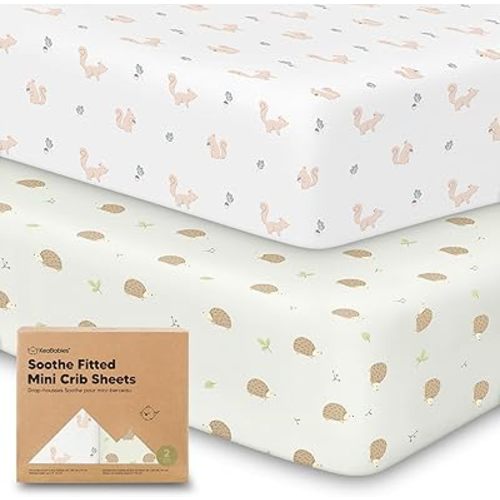 2-Pack Mini Crib Sheets Fitted - Pack N Play Sheets for Pack and Play Mattress, Organic Cotton, Soft & Breathable Jersey Playard Bedding, Neutral Mini Toddler Bed Cover for Boys, Girls (Nibbles/Bruce)