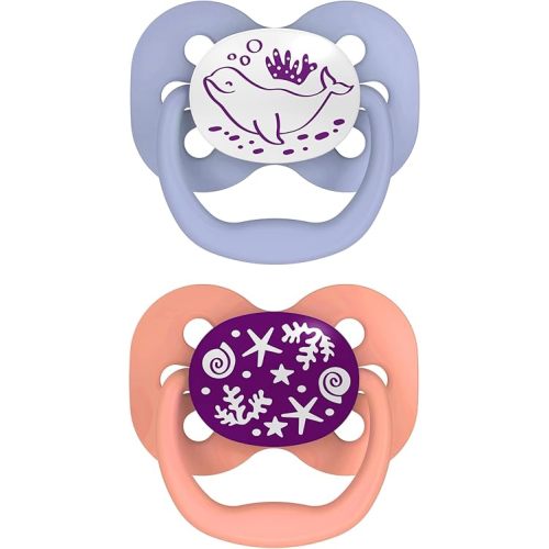 Dr. Brown's Advantage Glow-in-the-Dark Baby Pacifier, Fully Symmetrical Soother with Soft Silicone Bulb, Coral Ocean, 0-6m, BPA Free, 2 Pack
