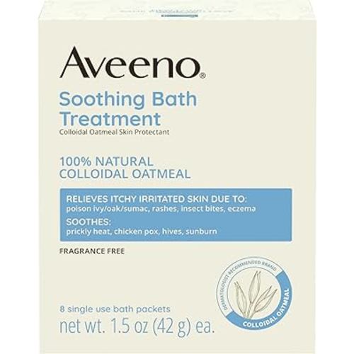 Aveeno Fragrance Free Soothing Bath Treatment, 100% Natural Colloidal Oatmeal, Sensitive Skin Bath Soak for Relief of Dry, Itchy, Irritated Skin Due to Eczema & Hives, Bath Packets, 8 ct.