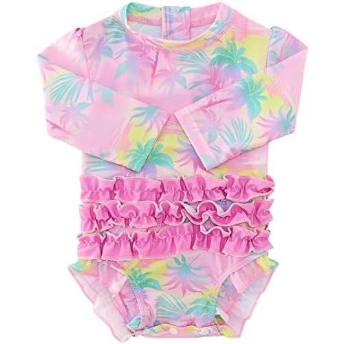 ADUKIDE Baby Girls Rash Guard Swimsuit Long Sleeve Ruffles Swimwear with Zipper UPF 50+ One Piece Beachwear Size 3-24 Months