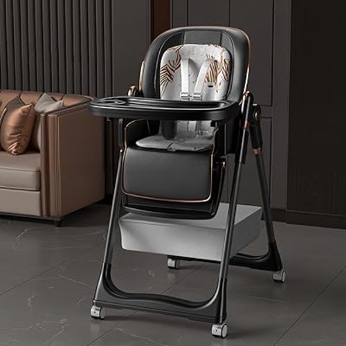Baby High Chair with Wheels, 3-in-1 Foldable High Chairs for Babies and Toddlers with Soft Cushion, 5 Height & 3 Recline & 4 Dining Tray, Footrest Adjustable, 5 Point Harness, Black
