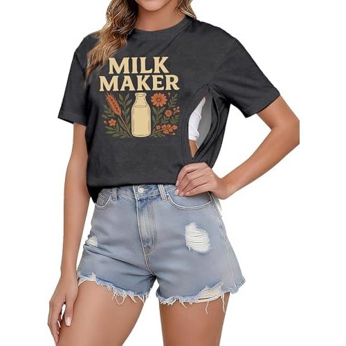 Breastfeeding Shirts for Women Maternity Nursing Shirt Mama Milk Maker Tee Casual Dual Side Hidden Zipper Tops