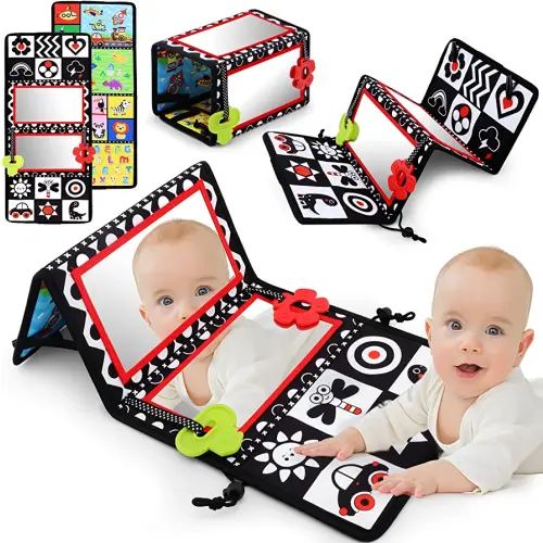 Tummy Time Floor Mirror with Teethers, Double-Sided Baby Mirror Black and White High Contrast Baby Toys for Babies, Baby Montessori Toys Crawling Developmental Newborn Infant Sensory Toys (A-Mirror)