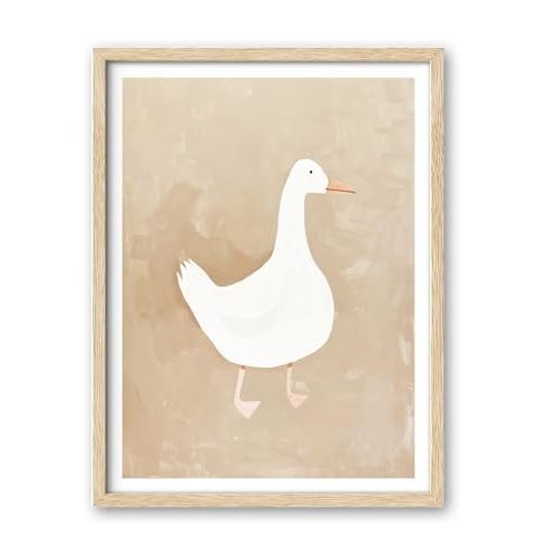 iHery Natural OAK Wood Cute White Goose Framed Wall Art, 12x16in Farmhouse Canvas Print, Cottagecore Beige Frame Wall Decor for Children's Room, Living Room Gifts for Goose Lovers Set of 1