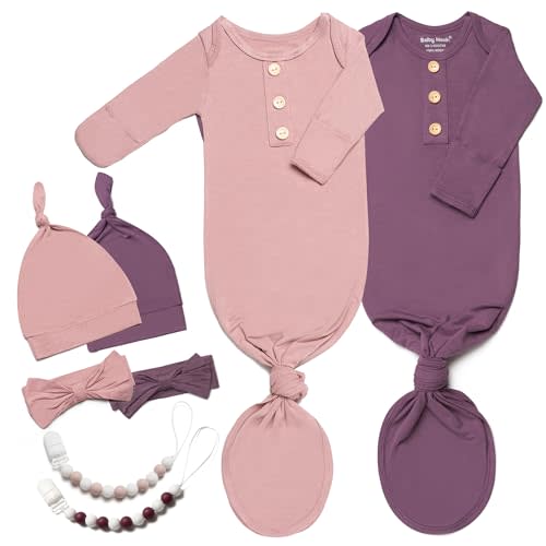 2PK Silky Soft Newborn Knotted Gown, Snuggly Infant Sleeper for Baby Girls, Sleepwear Set with Mittens, Bowknot, Clip and Hat
