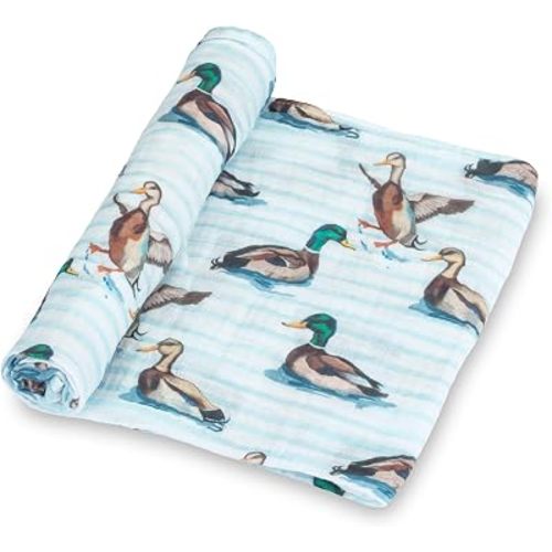 LollyBanks Muslin Swaddle Blankets, 100% Cotton Neutral Baby Blanket for Boys and Girls, Soft and Lightweight 47 x 47 Inches Newborn Swaddles, Breathable Toddler Blanket (Swimming Mallard Duck Print)