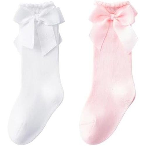 Baby Knee High Socks - Toddler Long Cotton Tube Stockings With Bow Ruffles for Girls - Infant Dress Socks