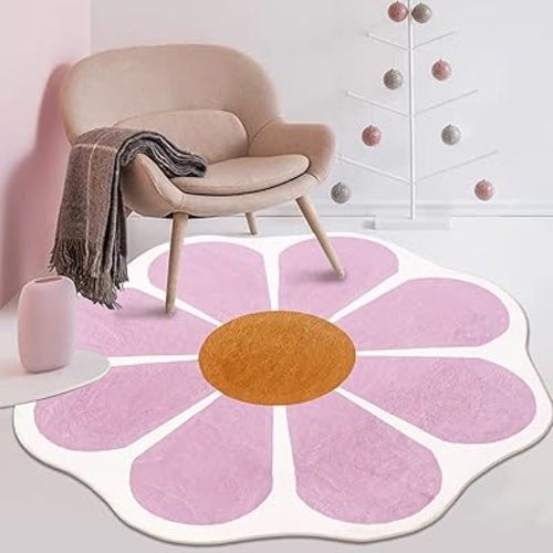 USTIDE Pink Flower Shaped Rug 47x47 Inch, Cute Round Rug for Bedroom Living Room, Fluffy Circular Rug Washable Nursery Rug for Kids Room Nonslip Indoor Floor Mat for Entryway