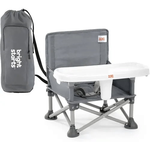 Bright Starts Pop 'N Sit Portable Booster, Indoor/Outdoor Use, Floor Seat with Feeding Tray, Grey, 6 Mos - 3 Yrs