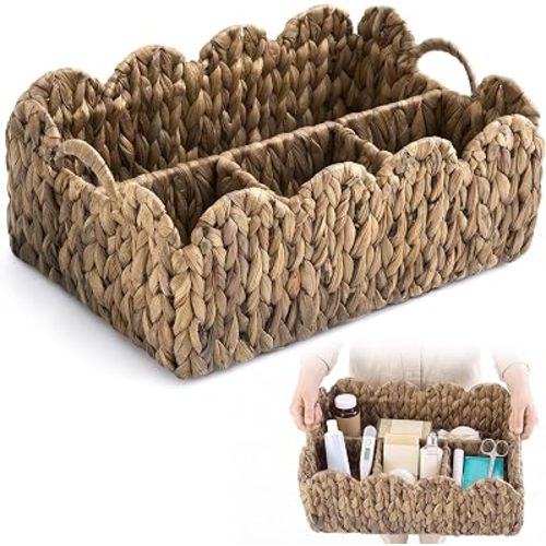 Scalloped Edge Wicker Basket Divided Storage Hand Woven Rattan Basket Tray for Bathroom Bedroom Kitchen Shelves Office Decor Organization(4 Compartments,Dark Brown,Water Hyacinth)