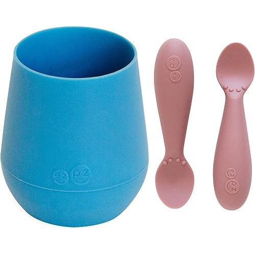 ezpz Tiny Cup (Blue) + Tiny Spoon (2 Pack in Blush) - baby essentials, cup and spoon