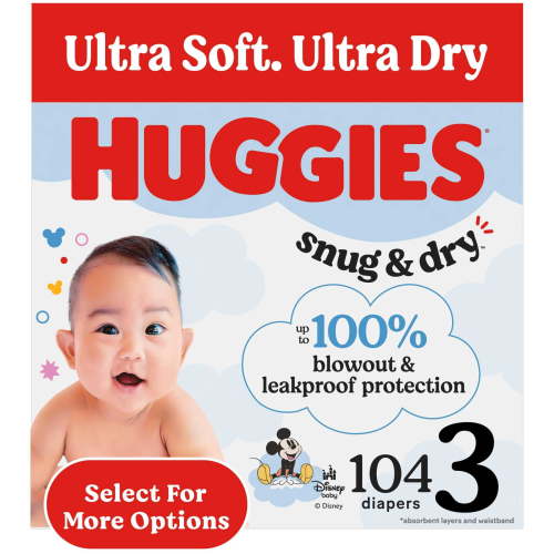 Free Shipping! Huggies Baby Diapers Size 3 16-28 lbs 104 Count Leakproof Wetness Indicator