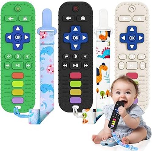 3 Pack Silicone Baby Teething Toys,Pacifiers for Toddlers Infant,Remote Control Shape Baby Teething Toys for Babies 6-12&12-18&18-24 Months,Remote Teether for Baby Chew Toys(Green+Black+White)