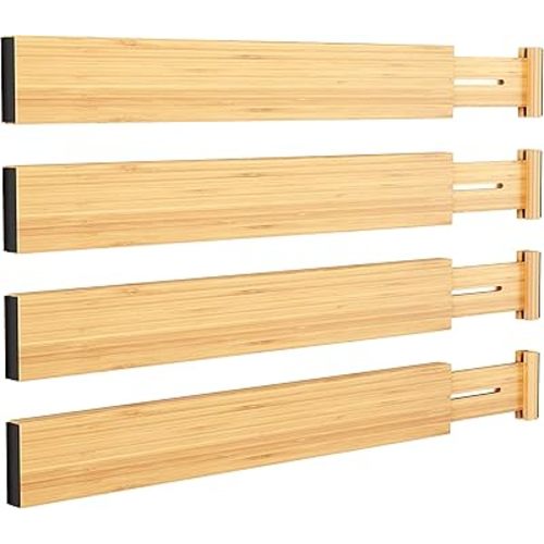 BAMEOS Drawer Divider,Expandable Bamboo Separators Adjustable Utensil Knife Fork Tool Kitchen Organizer, Clothes Fabric Drawer Organizer In Bathroom Bedroom Office, Cabinet Dresser Organizer 4-pack