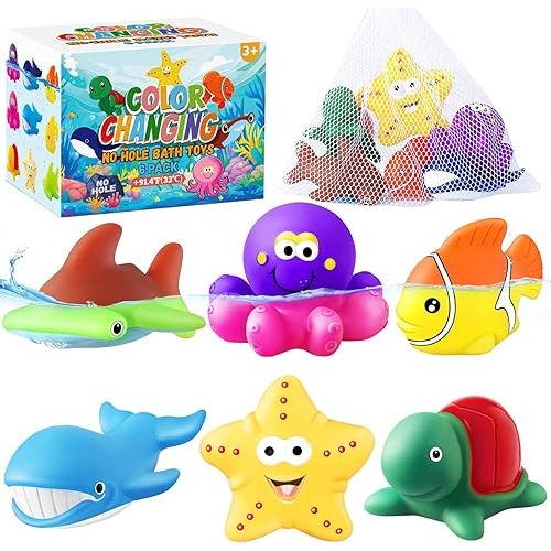 Color Changing No Hole Bath Toys for Kids Toddlers with Drying Bag, 6 Count Sea Creatures Kids Bath Toys Bathtub Toys Water Toys Sea Animal Toys