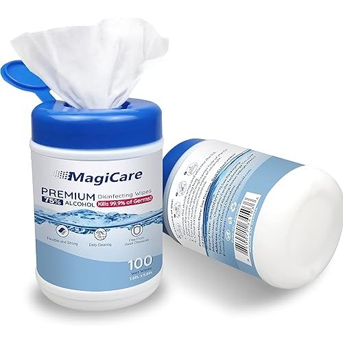 MagiCare 75% Large Alcohol Wipes (2 Canisters) - Hand Sanitizing Wipes - Hand Sanitizer Wipe, Unscented, Premium - Home, Classroom, Camping - 2, 100ct Canisters (200pcs)