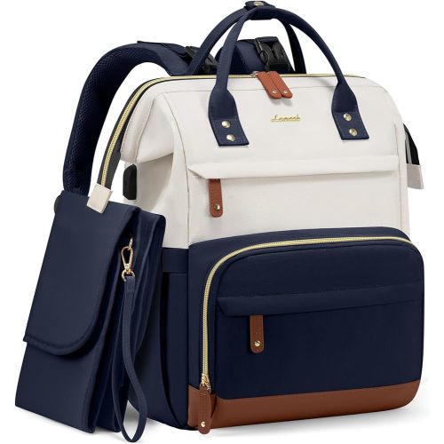 LOVEVOOK Diaper Bag Backpack, Baby Bag with Changing Station, Large Diaper Backpack for Mom Dads, Waterproof Leather Mommy Bag for Boy and Girl, Travel Essential Baby Shower, Navy Blue-Beige