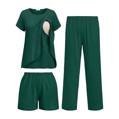 Ekouaer 3 PCS Maternity Nursing Pajamas Set Postpartum Breastfeeding Short Sleeve Shirts, Pregnancy Shorts & Pants Pjs S-XXL