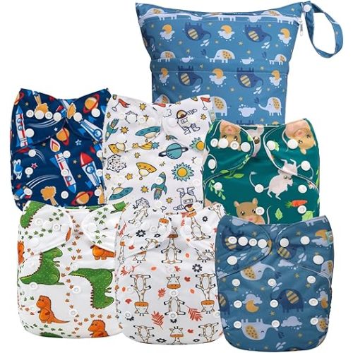 ALVABABY 6pcs Cloth Diaper Covers &1 Wet Dry Bag, Washable Reusable Cloth Diaper Shell for Prefold with Multi-Functional Bag, Flat or Fitted Diaper Inserts 6NKZ06