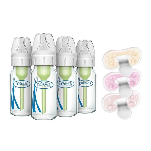 Dr. Brown's Natural Flow Anti-Colic Options+ Narrow Glass Baby Bottle 4 oz/120 mL, with Level 1 Slow Flow Nipple, 4 Pack, 0m+ & Advantage One-Piece Silicone Pacifier, 0-6m, 3 Pack